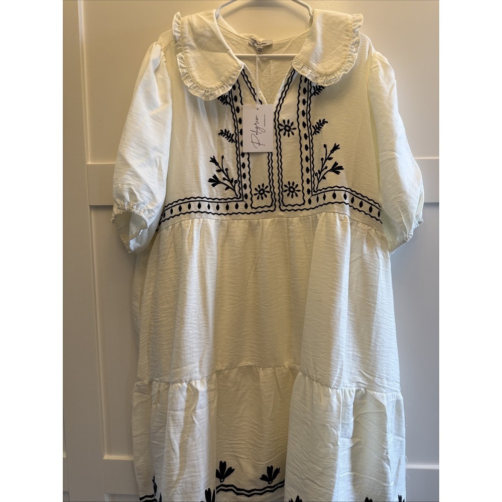 NWT Boutique Cream Bohemian Embroidered Prairie Collar Size XL Dress W/ Pockets